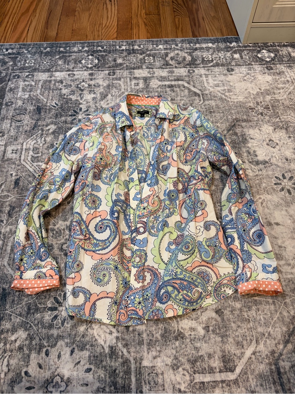 Talbots Paisley Button-Down 100% cotton Shirt — Blue, Green, Peach, Cream